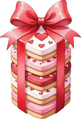 Stacked heart shaped cookies wrapped with a pink ribbon bow watercolor illustration