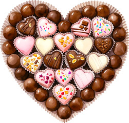 Heart shaped chocolate arrangement filled with sweet candies watercolor illustration