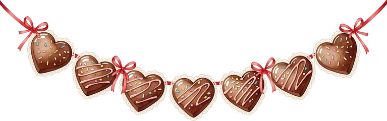 Seamless chocolate heart garland hanging with sweet decorations watercolor illustration