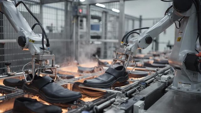 Industrial twoarm robot smoothly ejects molded rubber soles from heated molds emphasizing coordinated mechanical efficiency in modern manufacturing.