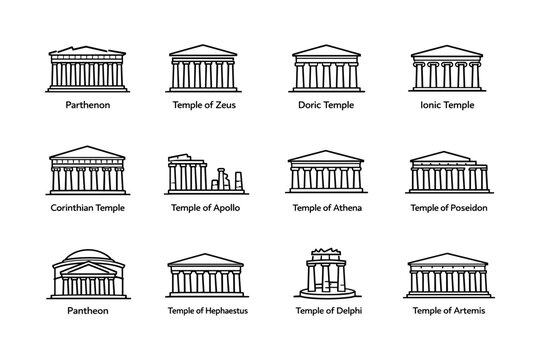 Collection of ancient greek temple icons - parthenon, doric, ionic, corinthian