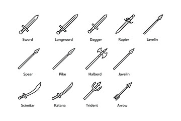 Naklejka premium Medieval and ancient weapon icons: sword, dagger, halberd, trident, javelin, scimitar