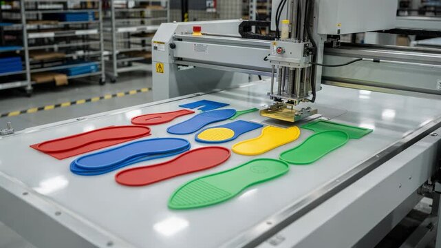 Medium shot of a thermoplastic cutting table with vibrant colored sheets being precisely diecut into footwear parts in a clean industrial setting.