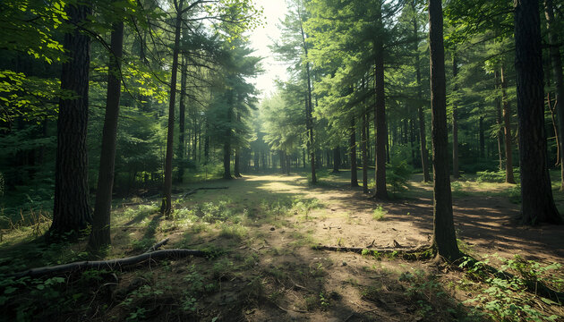Forest clearing where trees naturally frame the scene, open light-filled center, realistic depth.