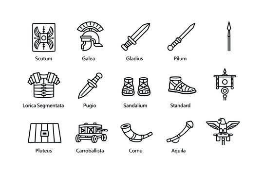Ancient roman military icons: weapons, armor, and symbols
