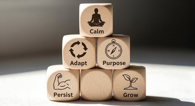 Wooden blocks stacked in a pyramid shape, each featuring an icon and a word representing personal growth and well-being concepts.