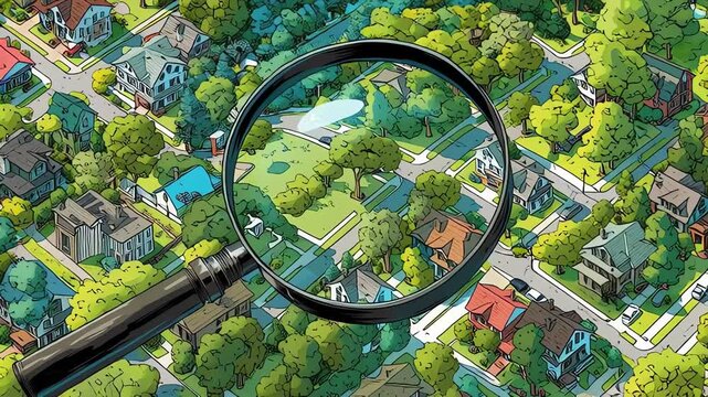 Magnifying Glass Inspecting Suburban Neighborhood Real Estate Search