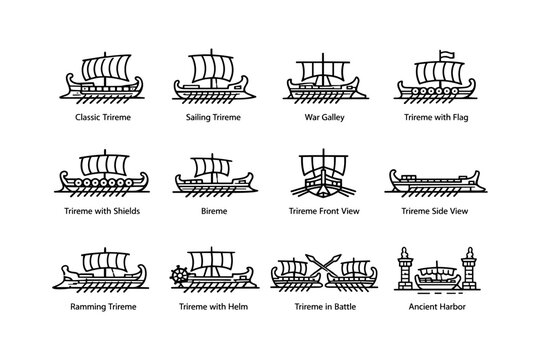 Illustrated collection of ancient triremes and warships