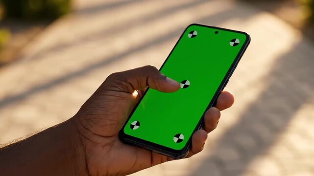 Black Hand Holding Smartphone with Green Screen Outdoors