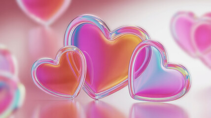 Obraz premium Soft Pastel 3D Holographic Hearts Trio - Gentle Pink Purple Gradient Love Symbols with Blur Effect for Baby Shower, Feminine Design and Soft Romantic Graphics - Vector Illustration 