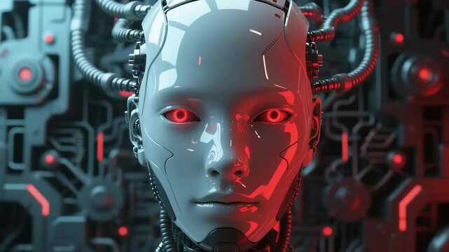 Futuristic robot face technology in a cybernetic environment with glowing red accents and intricate wiring.