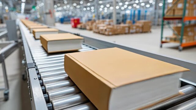 Brown-covered books moving along a roller conveyor belt in a modern factory or distribution warehouse.