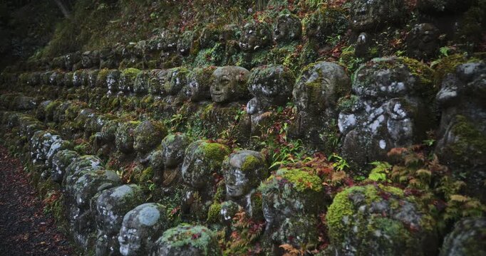 Rows of ancient stone statues covered in moss at old Japanese village