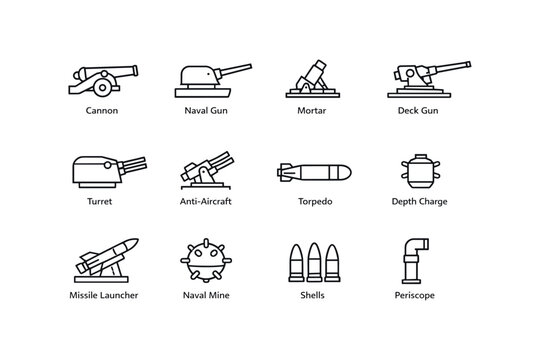 Navy weapon icons: cannon, naval gun, mortar, turret, torpedo, missile, periscope