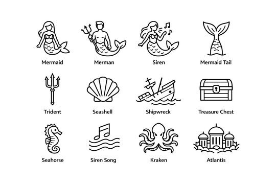 Mermaid and mythical sea icons: sirens, tridents, and sea creatures