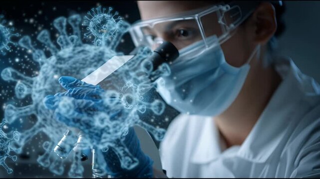 Microscopic Examination by Scientist Reveals Details About Viruses and Cellular Structures in a Laboratory Setting