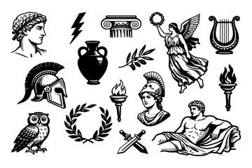 Obraz premium Ancient greek symbols: goddess, warrior, helmet, owl, laurel, columns, torch
