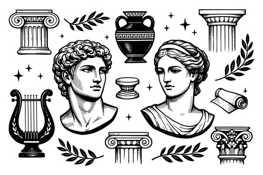 Classical greek art: sculpture busts and architectural elements in black and white