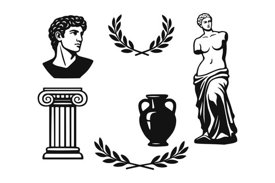 Classical greek art elements: bust, column, amphora, and venus de milo