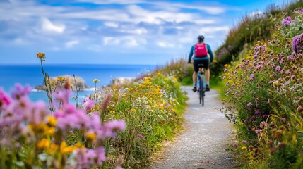 Cyclist exploring a coastal path with vibrant wildflowers, enjoying the summer breeze and the scenic ocean view in Cornwall