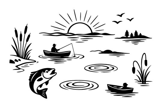 Silhouette fishing scene with boats, fish, and scenic sunrise over lake