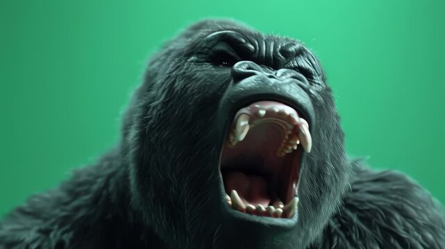 Angry Gorilla Roaring and Baring Teeth on Green Screen Close Up