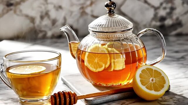 Steaming hot lemon tea serving in a glass cup and teapot with honey dipper and sliced lemon for a healthy drink.