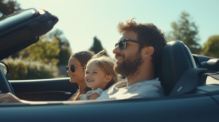 Happy family enjoying a road trip in a convertible car on a sunny day full of freedom and joy