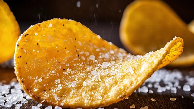 Close up of salted potato chip. Crisp snack with seasoning. Crunchy food for party or quick eat.