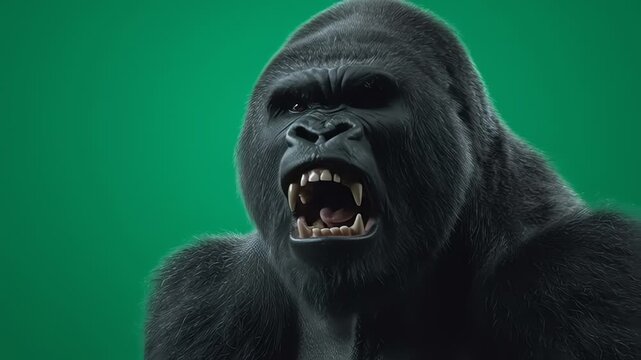 Aggressive Silverback Gorilla Roaring on Green Screen Background