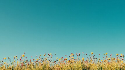 Vibrant wildflowers bloom beneath a clear blue sky on a sunny day