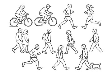 Line art illustrations of active individuals walking, running, and cycling