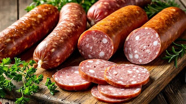 Variety of cured dry and fresh sausage with parsley and spices on a wooden cutting board for meat dish ingredient