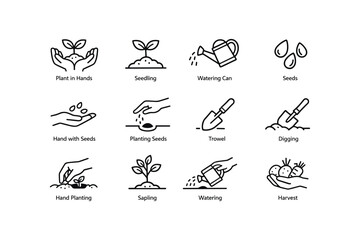 Fototapeta premium Gardening icon set: tools, planting, watering, harvesting