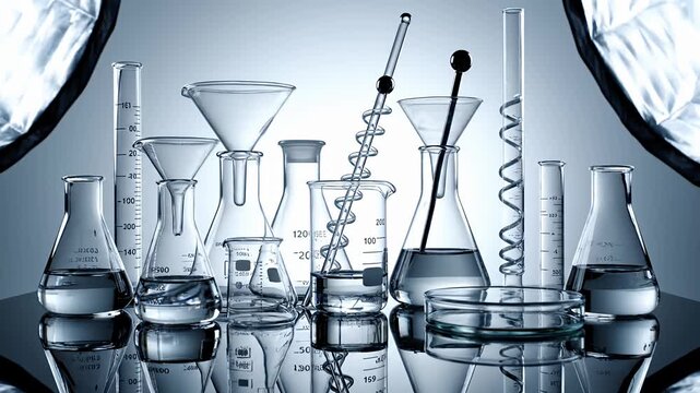 Assortment of clear laboratory glassware filled with liquid and illuminated by  softboxes
