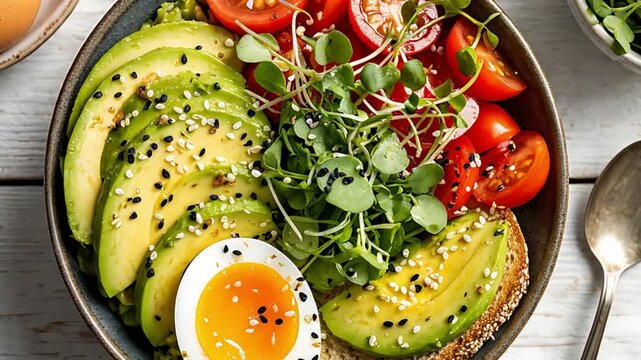 Healthy breakfast food bowl with avocado, boiled egg, cherry tomato, toast and microgreens for nutritious eating