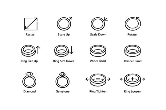 Jewelry modification icon set: resize, rotate, scale, diamond, gemstone