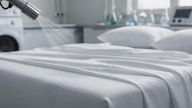 Medium shot of bed linens being treated with chemical resins to improve wrinkle resistance and easycare properties ensuring crisp tidy bedding with minimal effort.