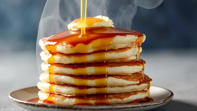 Golden syrup pouring onto hot pancake stack with melting butter, delicious breakfast food concept