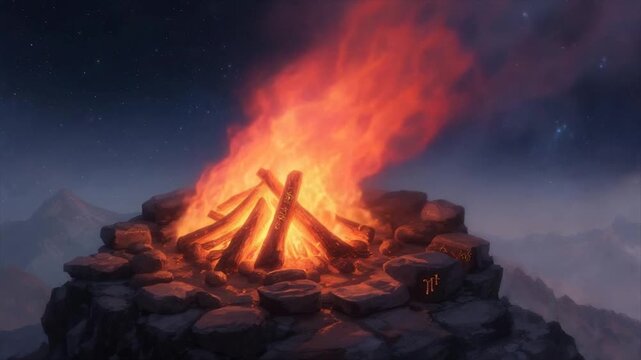 A vibrant bonfire ablaze atop a rocky peak under a starry night sky, with distant mountains