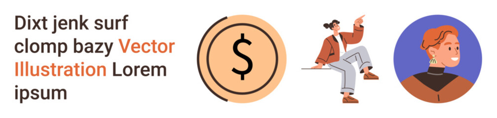 Financial growth, digital identity, creativity, professional persona, web design, branding. A dollar icon, seated figure pointing circular profile portrait. Financial growth and digital identity © robu_s