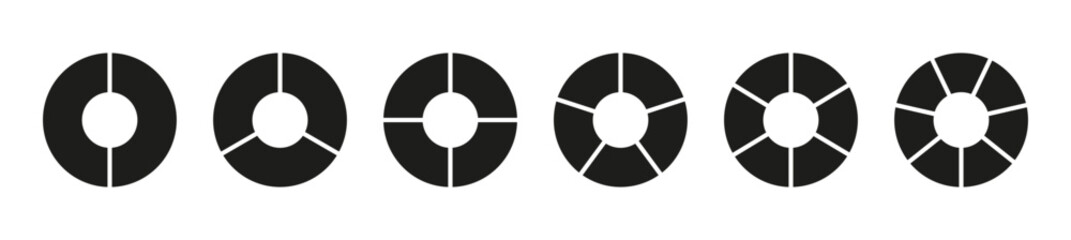 Wheel round divided diagrams with two, three, four, five, six, seven segments. Circle division on 2, 3, 4, 5, 6, 7 equal parts. Coaching blank. Infographic set.