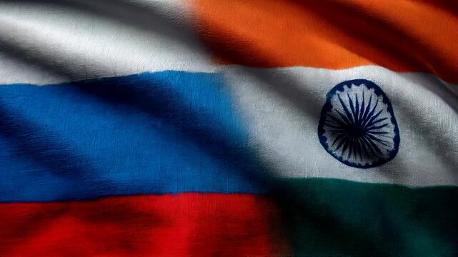 russian flag waving next to indian flag. relations russia india
