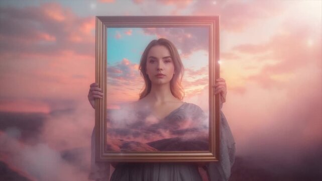 A woman holds a gilded frame revealing a dreamy landscape beneath a pastel sky