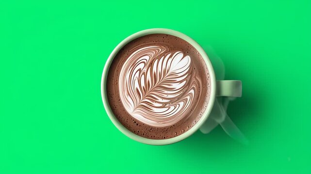 Coffee Latte Art Steaming Mug on Vivid Green Background Top View