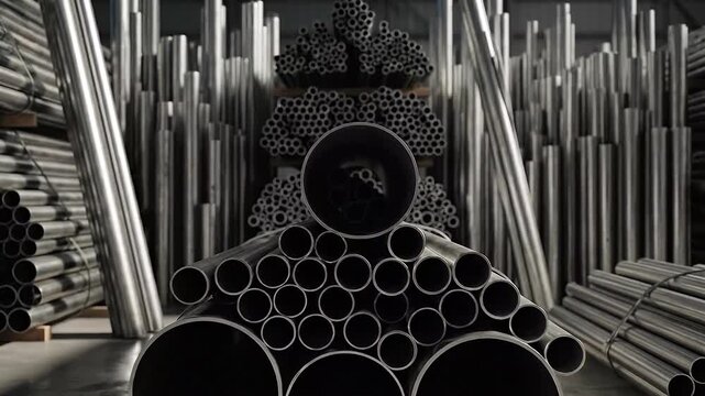 Arrangement of metallic pipes and tubes in a warehouse storage setting