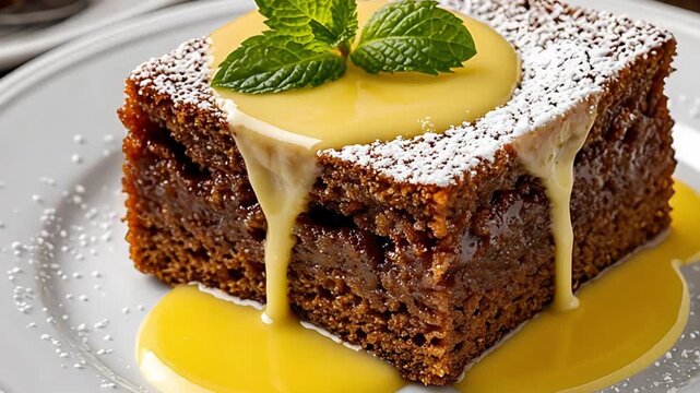 Dessert with powdered sugar and cream sauce. Food presentation with mint leaf. Cake on white plate.