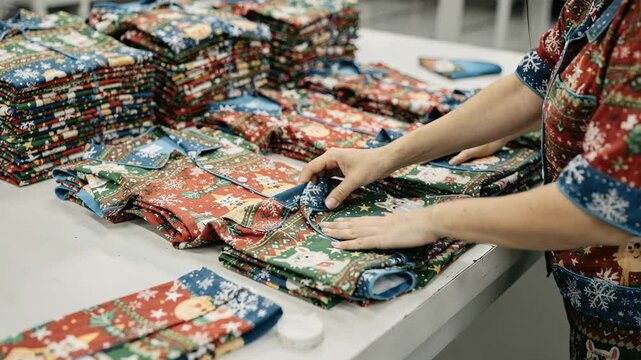 Medium shot of colorful seasonal print boys pajama sets being assembled featuring festive designs and vibrant colors as operators align matching tops and bottoms.