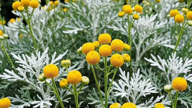 Bright yellow button flowers blooming amidst silvery foliage