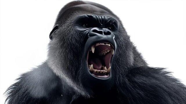 Furious Gorilla Roaring Mouth Wide Open on White Background